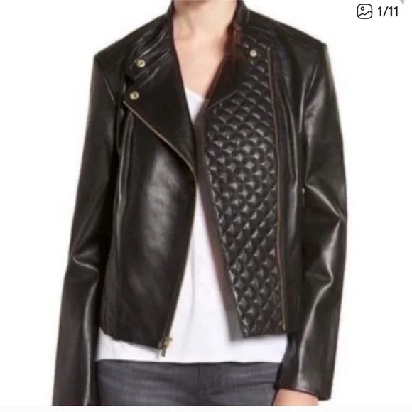 Cole Haan Black Quilted Leather Moto Jacket. Size large. - Picture 1 of 14